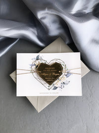 Steel Blue Floral Save the Date with Gold Mirror Geometric Heart Plexi Hexagon Magnet