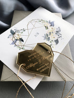 Imán Hexágono Plexi de corazón geométrico con espejo dorado y reserva de fecha floral azul acero