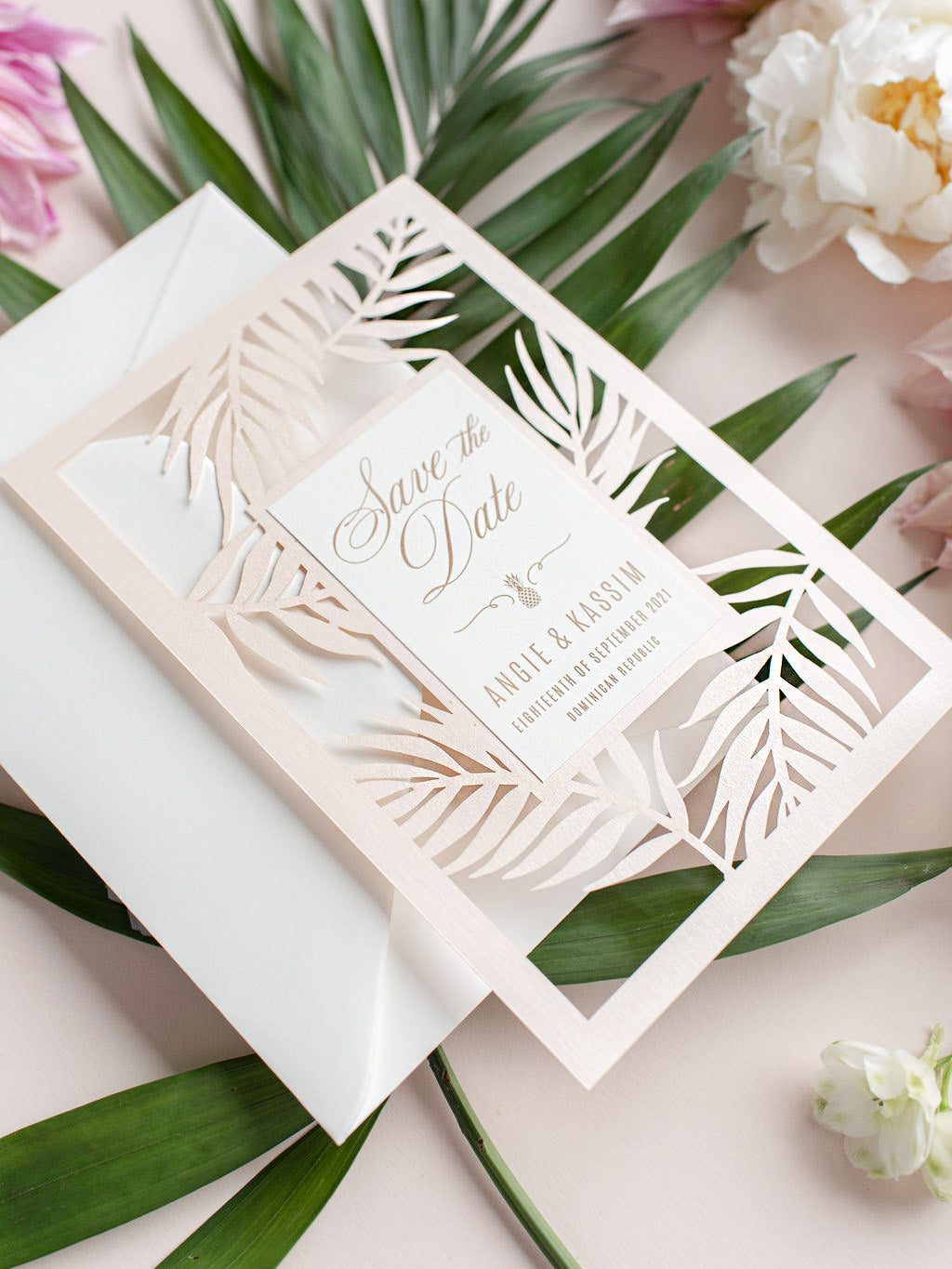 Palm Tree SAVE the Date,  Laser Cut Tropical Destination Invitation