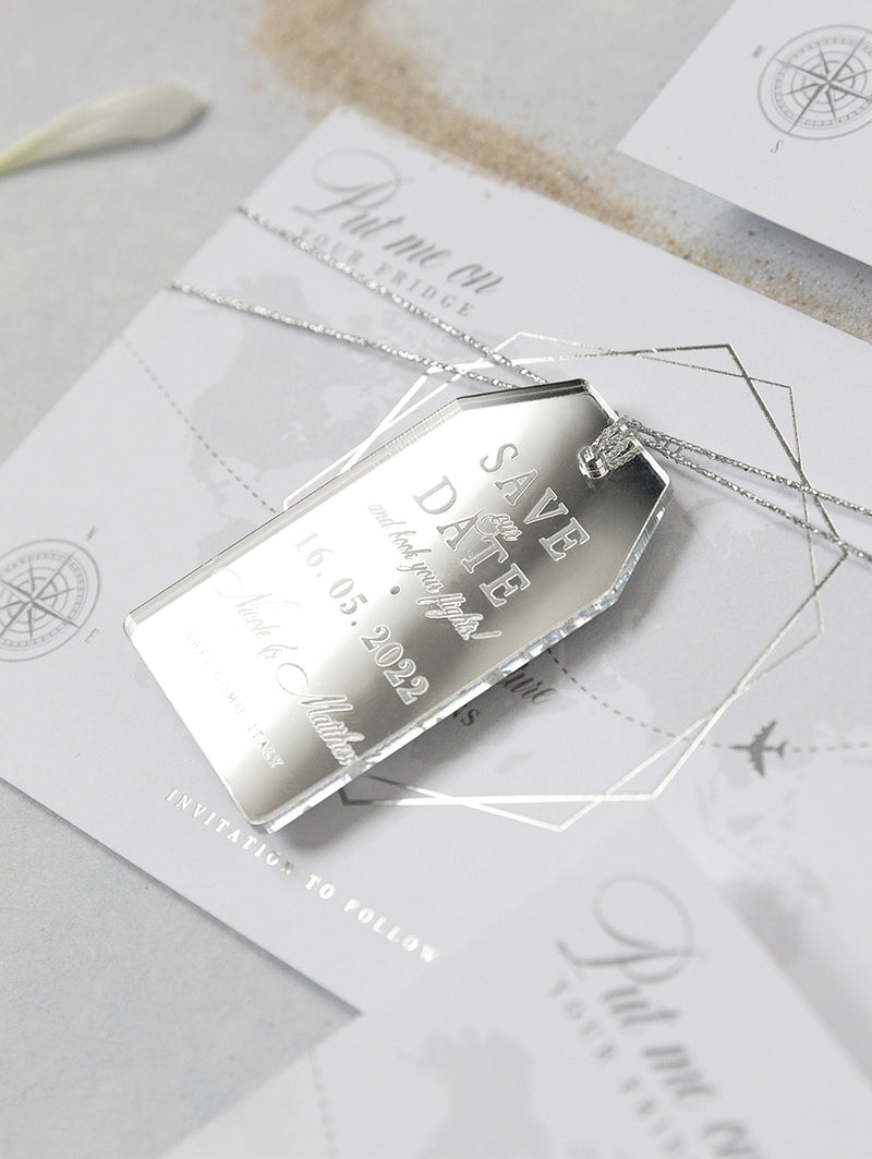 Silver Mirror Luggage Tag Magnet Save The Date Card
