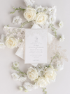 Intricate Laser Cut Roses Detail with Pearl Foil Belly Band Style Wrap Wedding Day Invitation