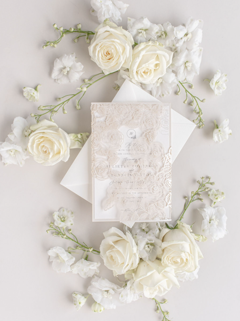 Intricate Laser Cut Roses Detail with Pearl Foil Belly Band Style Wrap Wedding Day Invitation