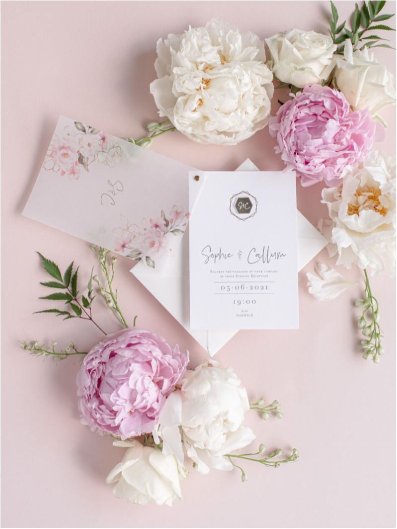 Vellum Suite Evening Reception Invitation & RSVP in Blush Boho Floral Design Rose Gold Foil Mirror Plexi