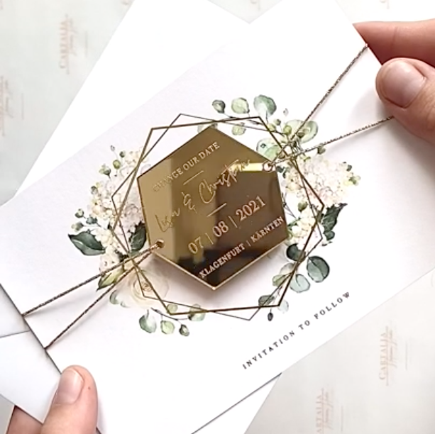 Silver Magnet Hexagon in Mirror Plexi Save the Date with Card and Silver String