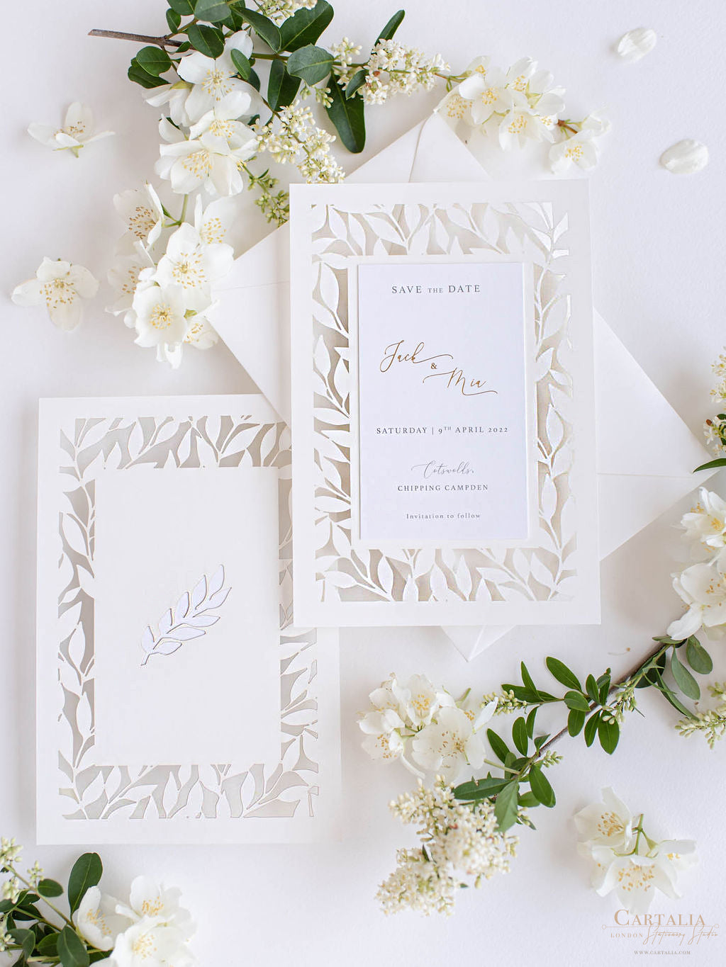 Stunning Gold Foil & Laser Cut Botanic Leaf Wedding Save the Date