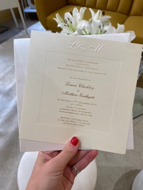 Champagne Luxury Embossed Monogram Wedding Day Invitation with