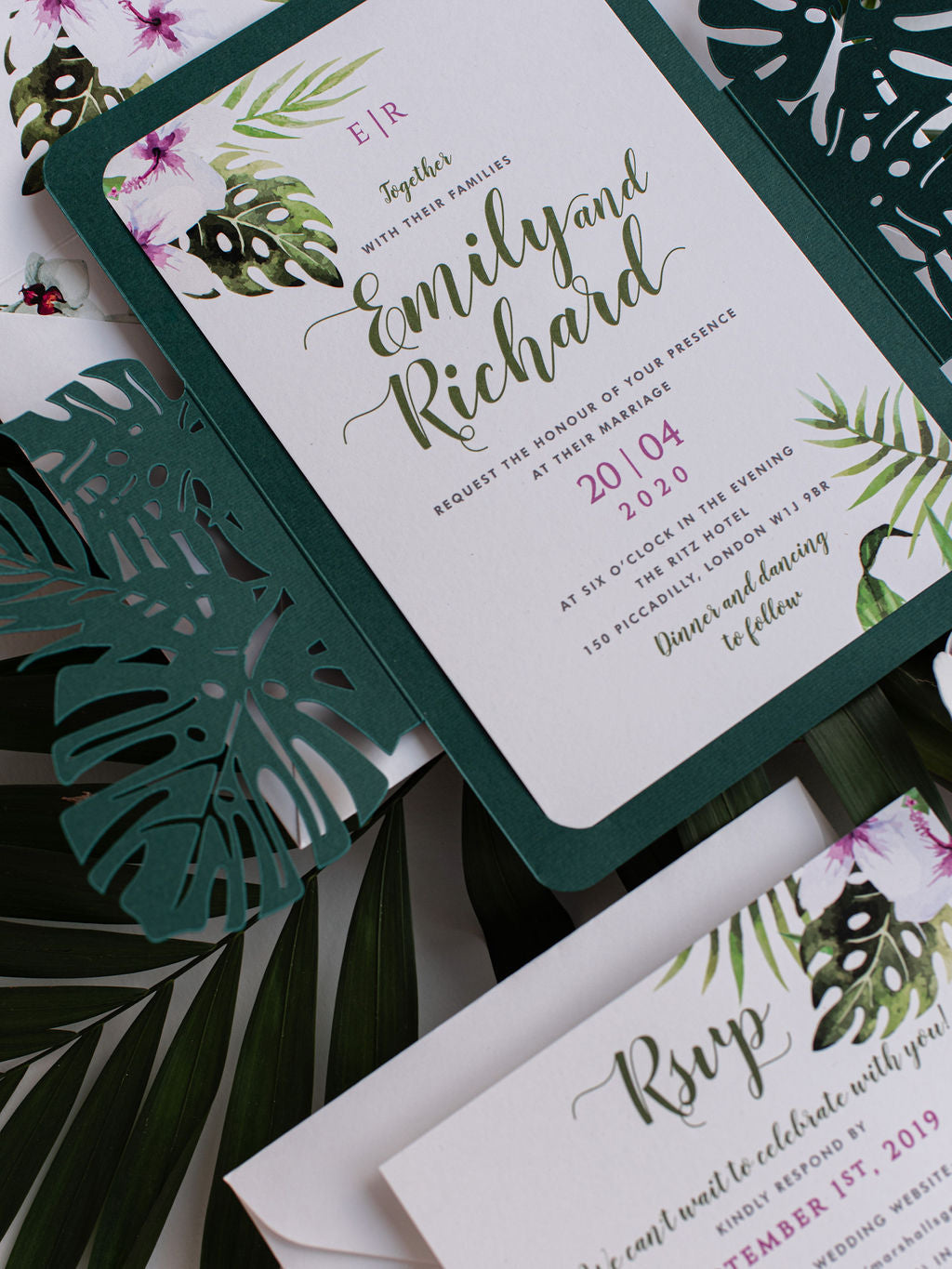 Monstera Tropical Botanic Leaf Green Laser Cut Floral Destination Wedding Invitation with Rsvp Card and Lined Envelopes