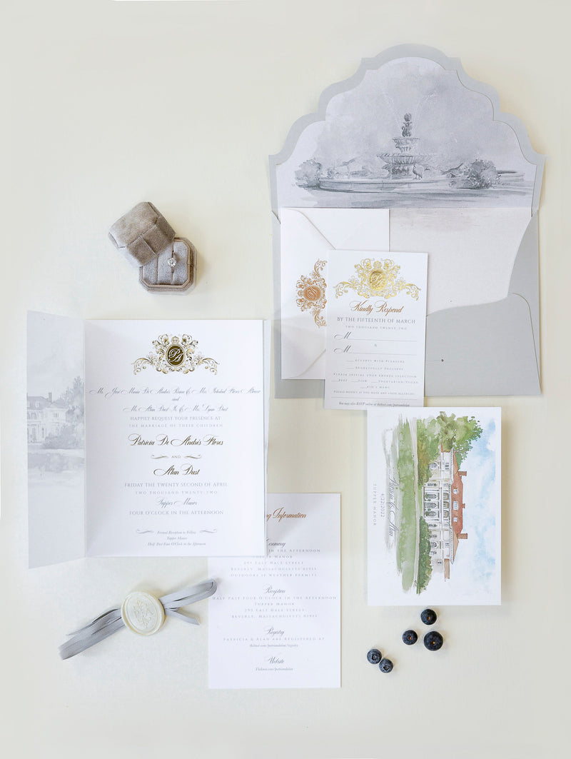 TUPPER MANOR | Watercolour Venue invitation on Vellum with Wax Seal Wedding invitation Suite | SAMPLE