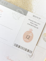 Passport Wedding Invitation in Blush with Silver Foil Boarding Pass Invite suite