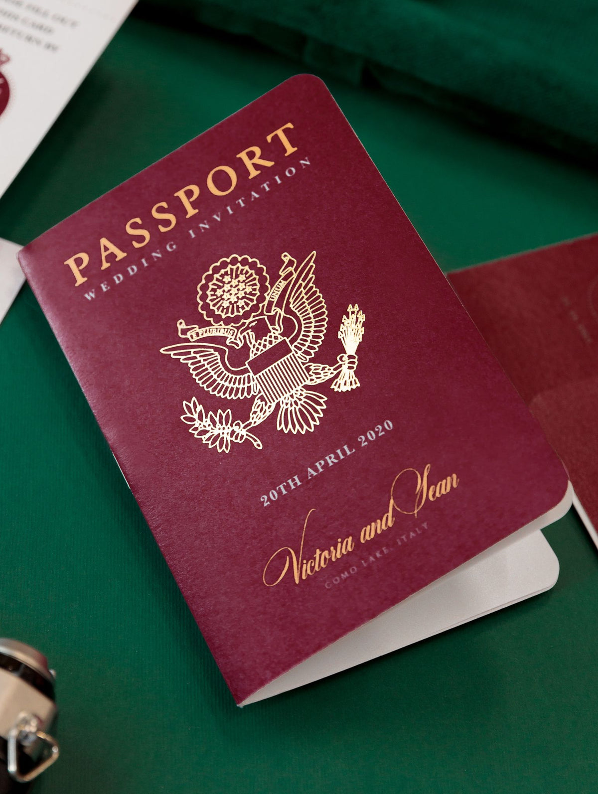 Passport Wedding Invitation Regal Deep Red with Shimmering Foil + Boarding Pass Style Rsvp