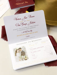 Passport Wedding Invitation Regal Deep Red with Shimmering Foil + Boarding Pass Style Rsvp