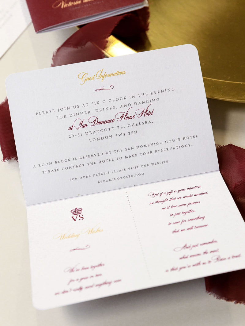 Passport Wedding Invitation Regal Deep Red with Shimmering Foil + Boarding Pass Style Rsvp