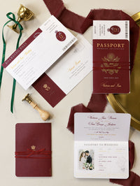 Green Passport Wedding Invitation with Shimmering Foil + Boarding Pass Style RSVP