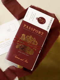 Green Passport Wedding Invitation with Shimmering Foil + Boarding Pass Style RSVP