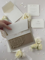 Luxury Old Gold Opulence Laser Cut Lace Pocketfold Wedding Invitation Suite with 3 Tier :  Guest Info & Travel & Rsvp Card