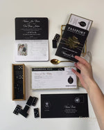 Black Luxury  Passport Wedding Invitation with Bow & Gold Glitter, Real Foil
