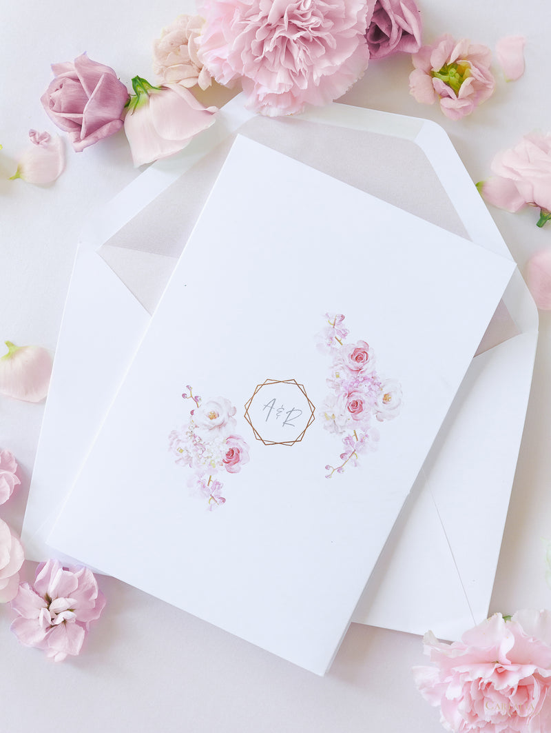 Luxury Floral Pocketstyle Wedding Invitation in White & Pink with 4 Cards and Real Foil