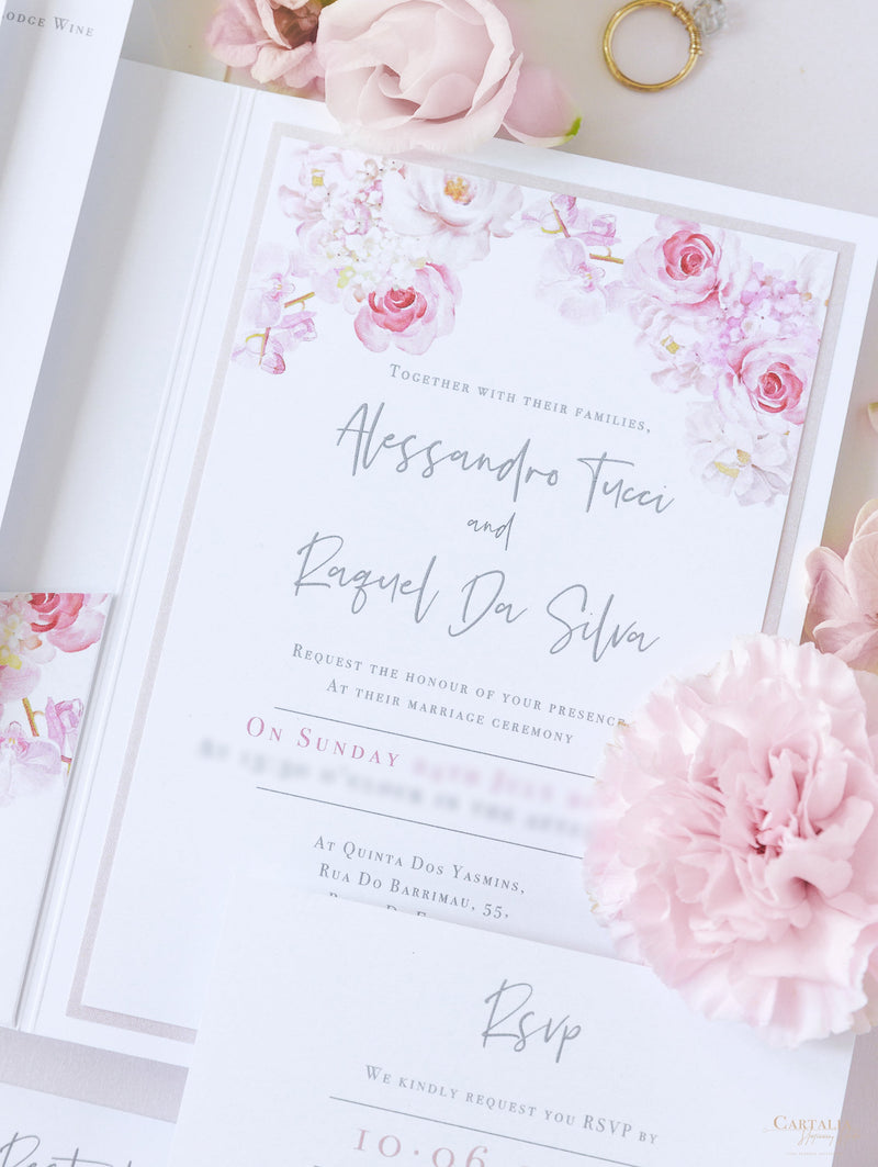 Luxury Floral Pocketstyle Wedding Invitation in White & Pink with