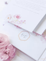 Luxury Floral Pocketstyle Wedding Invitation in White & Pink with 4 Cards and Real Foil