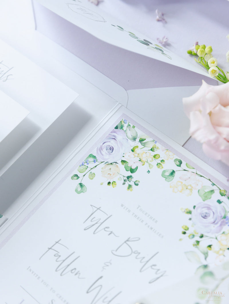 Lavender Purple Pocketstyle Wedding Invitation with 3 Cards and Real Foil