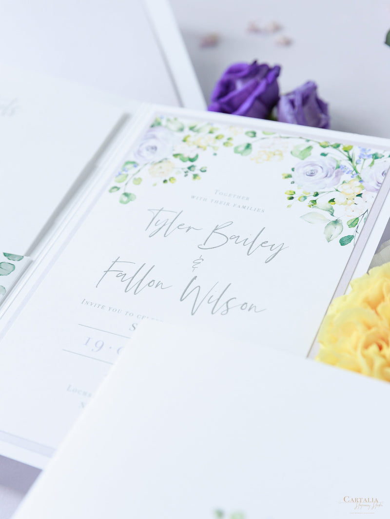 Lavender Purple Pocketstyle Wedding Invitation with 3 Cards and Real Foil