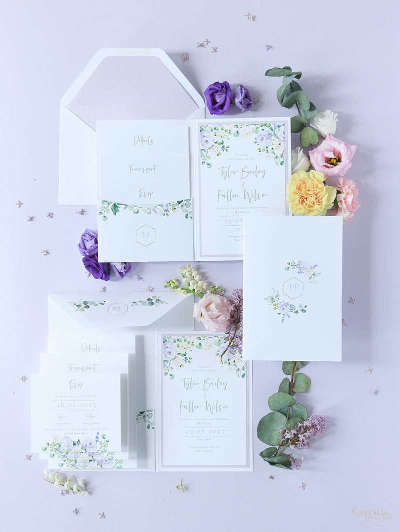 Lavender Purple Pocketstyle Wedding Invitation with 3 Cards and Real Foil