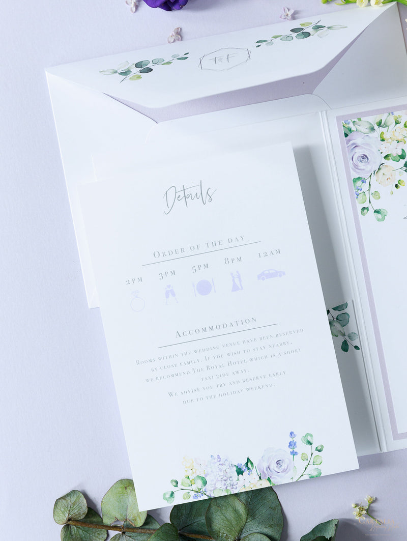 Lavender Purple Pocketstyle Wedding Invitation with 3 Cards and Real Foil