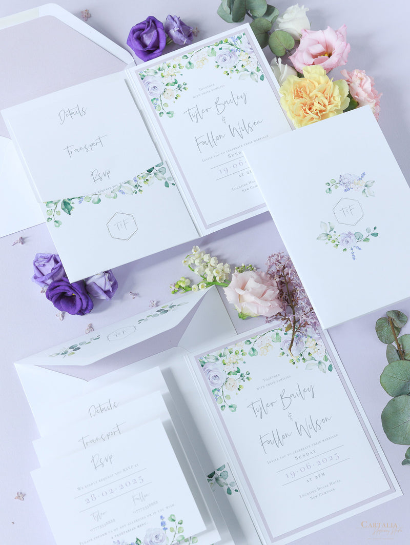Lavender Purple Pocketstyle Wedding Invitation with 3 Cards and Real Foil