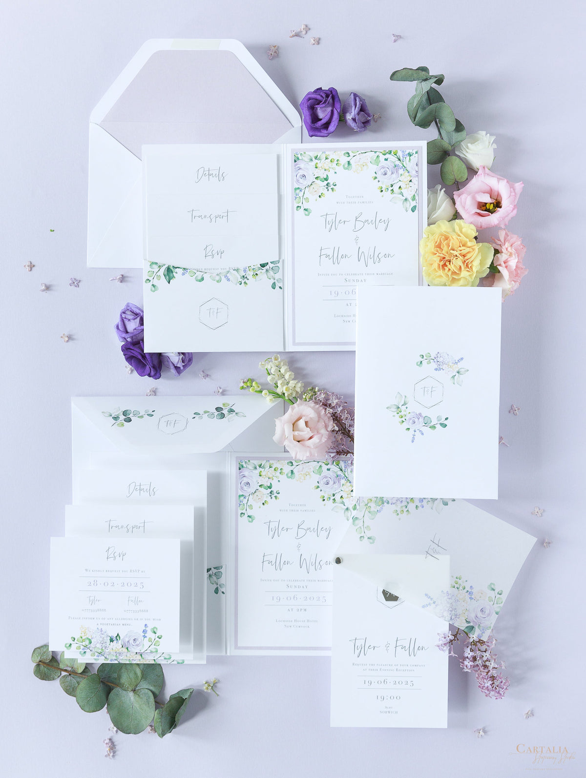 Lavender Purple Pocketstyle Wedding Invitation with 3 Cards and Real Foil