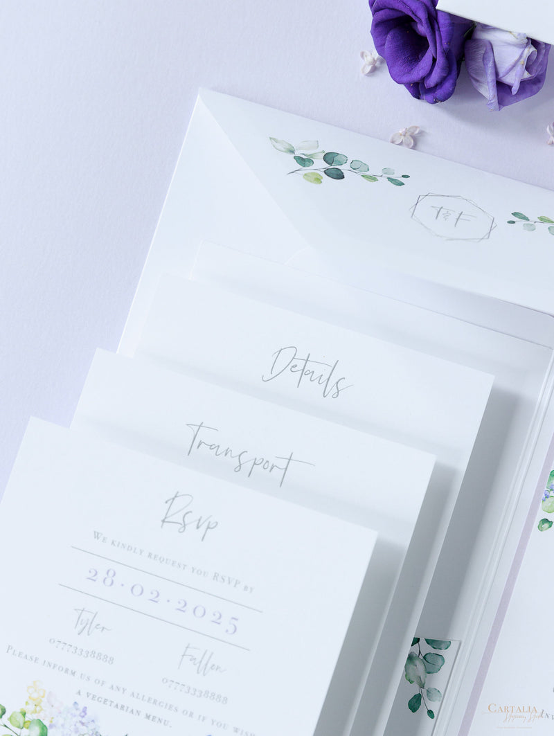 Lavender Purple Pocketstyle Wedding Invitation with 3 Cards and Real Foil