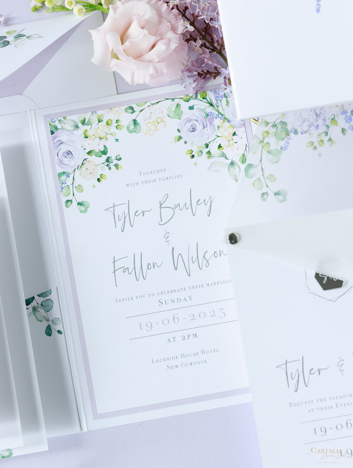Lavender Purple Pocketstyle Wedding Invitation with 3 Cards and Real Foil