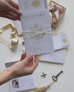 Luxury Passport Wedding Invitation in Champagne with Real Gold Foil Boarding Pass Invite suite