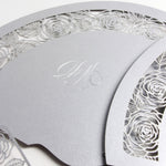 Intricate Romantic Roses Laser Cut Wedding Petal Program Fan with Unique Luxury Foil Monogram