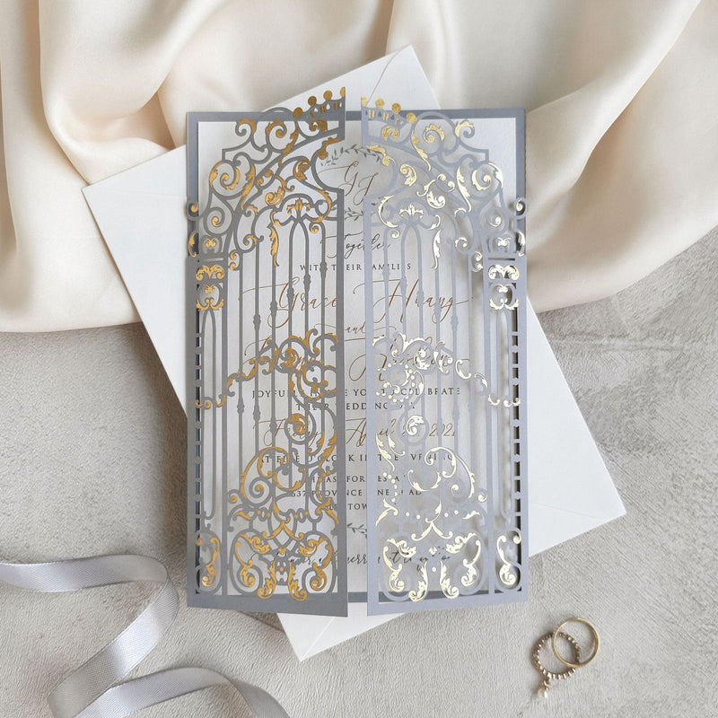 Luxury Foil Golden Ornamental Gate Laser Cut Wedding Day Invitation with Gold Foil Modern Calligraphy