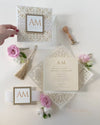 Monogram Belly Band Intricate Laser Cut Square Foil border with Glitter Pocket Invitation