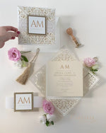 Monogram Belly Band Intricate Laser Cut Square Foil border with Glitter Pocket Invitation