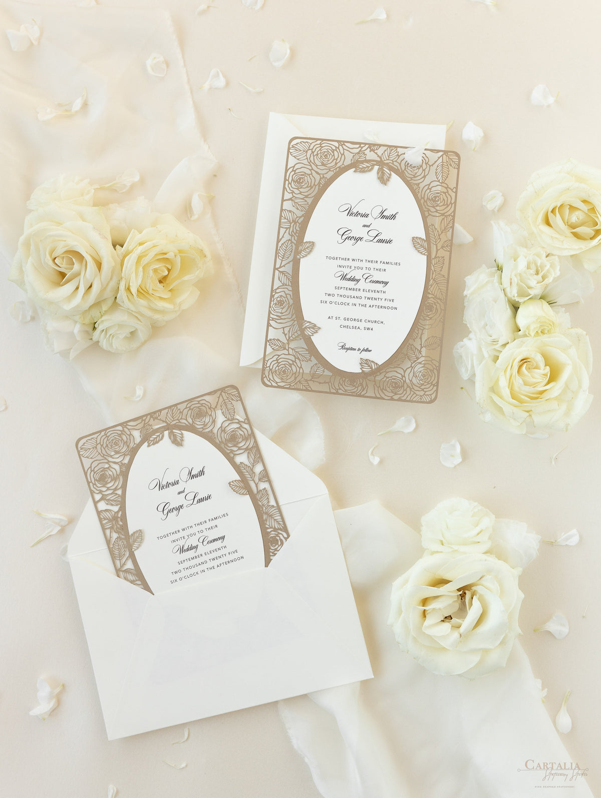 Champagne Romantic Roses Mirror Laser Cut Wedding Day Invitation