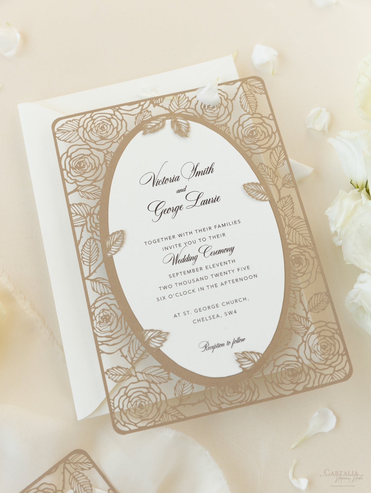 Champagne Romantic Roses Mirror Laser Cut Wedding Day Invitation