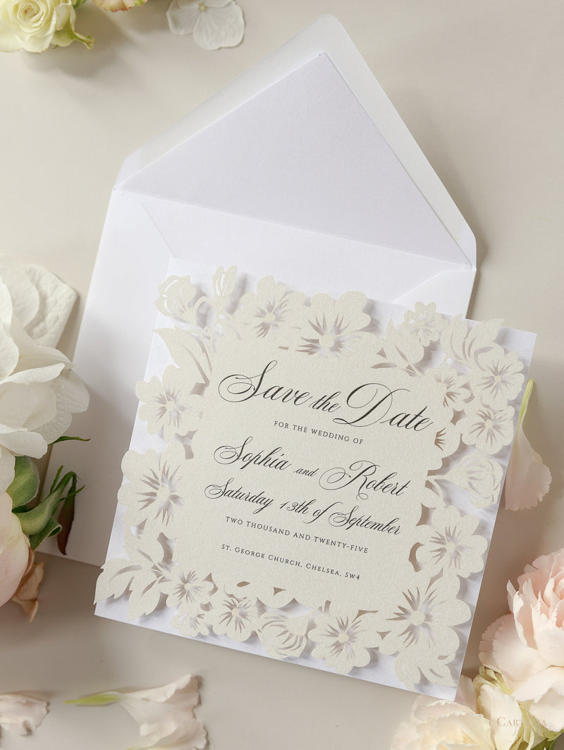 Intricate Flower Laser Cut Save The Date Card