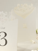 Romantic Table Number Cards with Laser Cut Flowers & Monogram