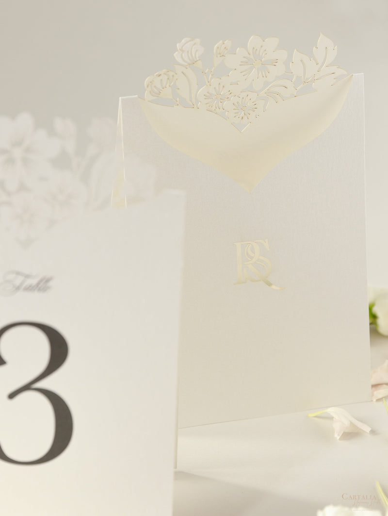 Romantic Table Number Cards with Laser Cut Flowers & Monogram