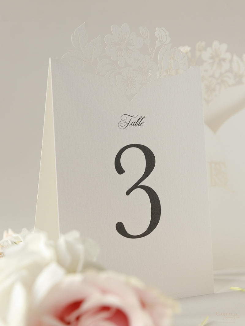 Romantic Table Number Cards with Laser Cut Flowers & Monogram