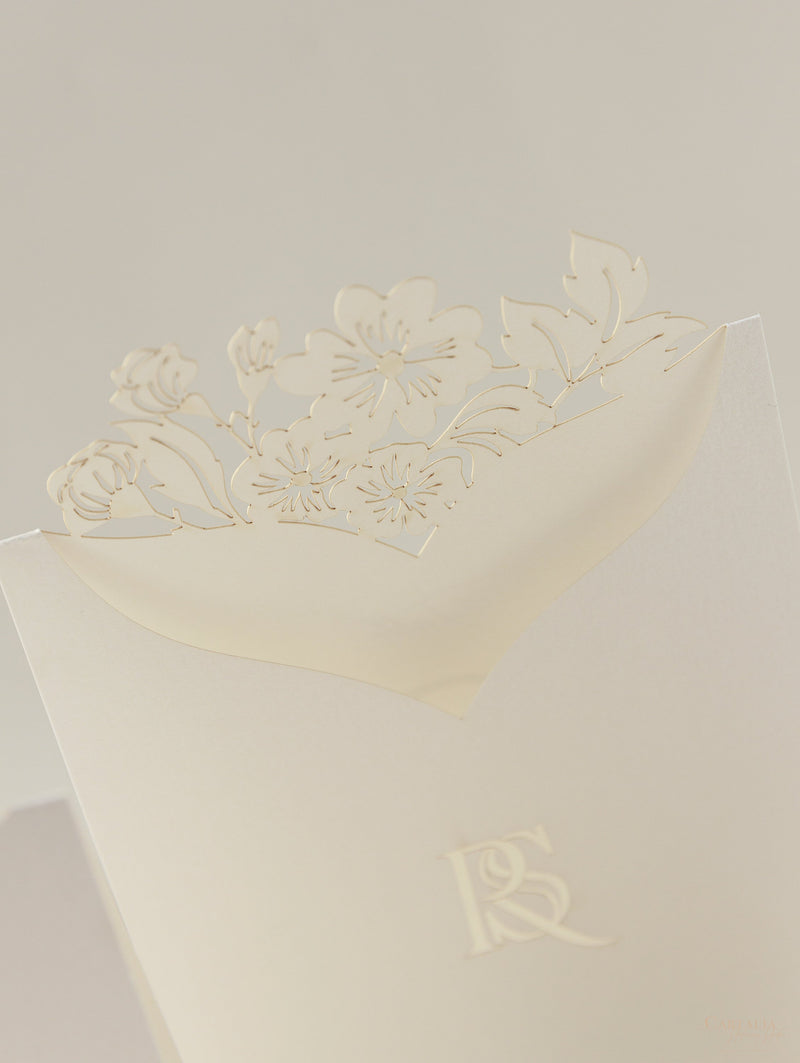 Romantic Table Number Cards with Laser Cut Flowers & Monogram