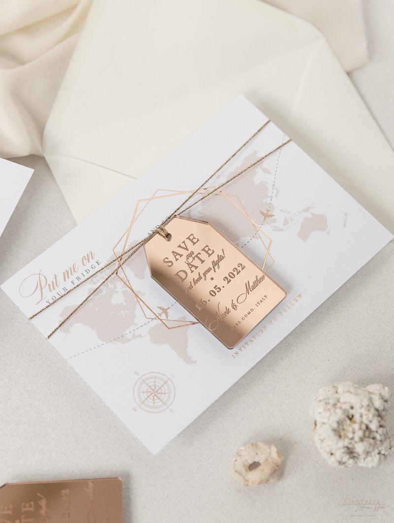 Wedding Save the Date Card with Rose Gold Plexi Mirror Luggage Magnet