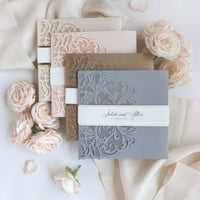 Champagne Opulence Laser Cut Lace Pocketfold Wedding Invitation Suite with 3 Tier :  Guest Info & Travel & Rsvp Card