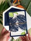 Monstera Paradise Destination Wedding Laser Cut Invitation with Gold Foil frame + Lined Envelope