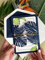 Monstera Paradise Destination Wedding Laser Cut Invitation with Gold Foil frame + Lined Envelope