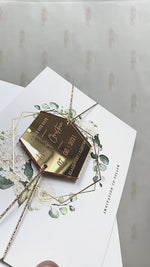 White Hydrangea Flowers and Greenery Silver Mirror Plexi in Hexagon Save the Date Magnet