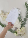 White Hydrangea Menu Cards With Gold Foiled Hexagon Shape