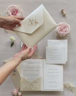 Luxury 4 Inserts Pocket with Embossed with Gold Foil Monogram and  Laser cut Pocket fold Suite